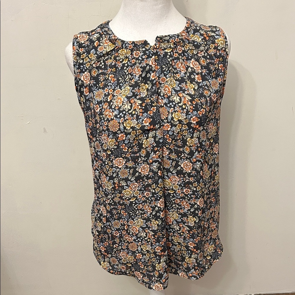 Loft blue gray floral sleeveless mixed media blouse Size S EUC